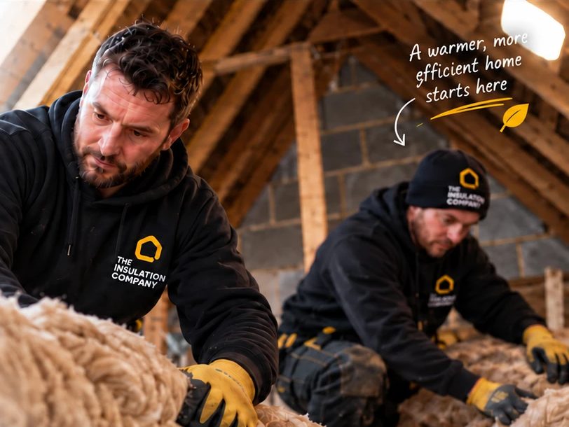 Two Insulation Company installers laying mineral wool loft insulation