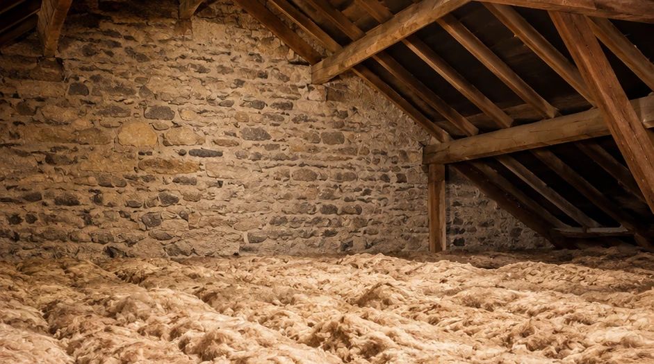 Mineral wool loft insulation laid across a loft floor