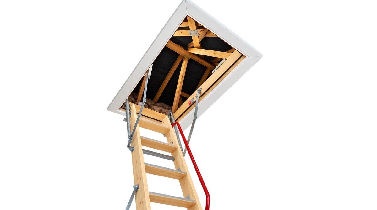 Folding loft ladder and insulated hatch frame opening into a loft