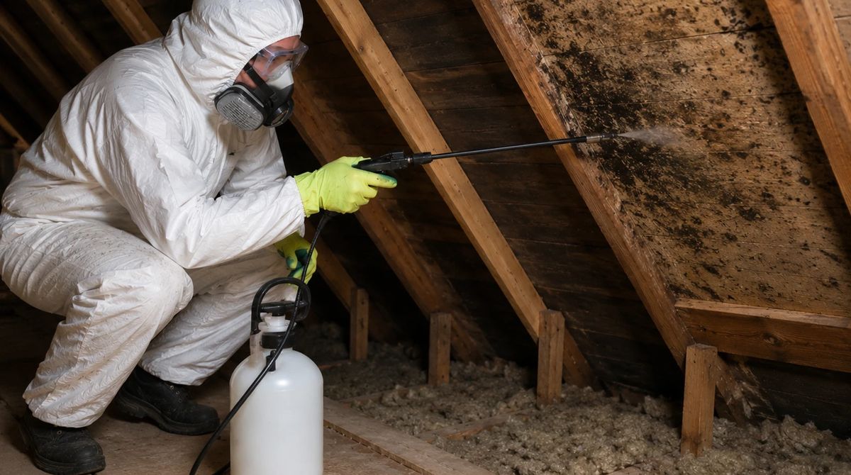 Technician in protective gear spraying mould treatment on loft roof boards