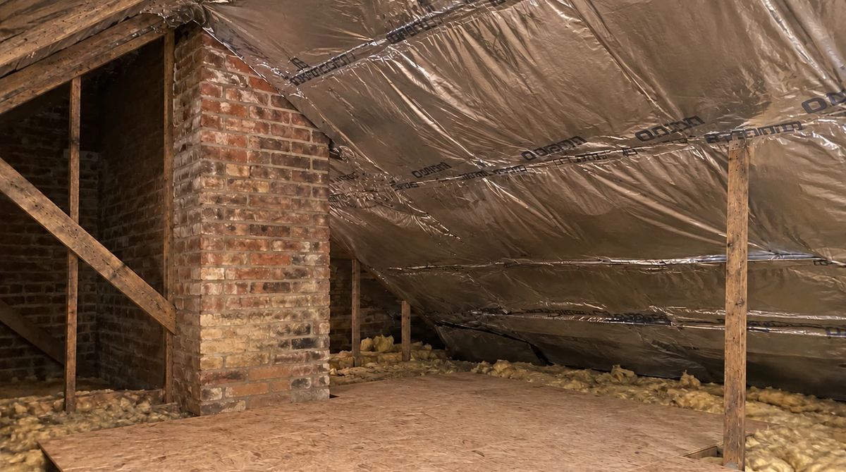 Multifoil insulation fitted across the loft rafters, with boarding below